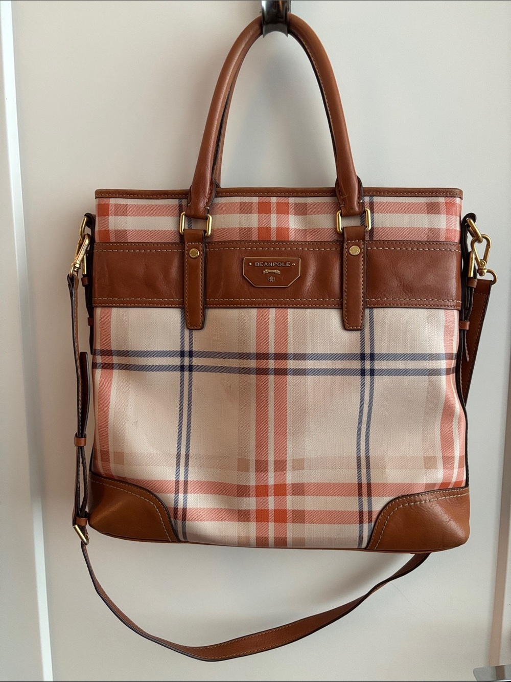 BEANPOLE Plaid Tote Top Handle Bag in Pink and Brown with Crossbody Leather